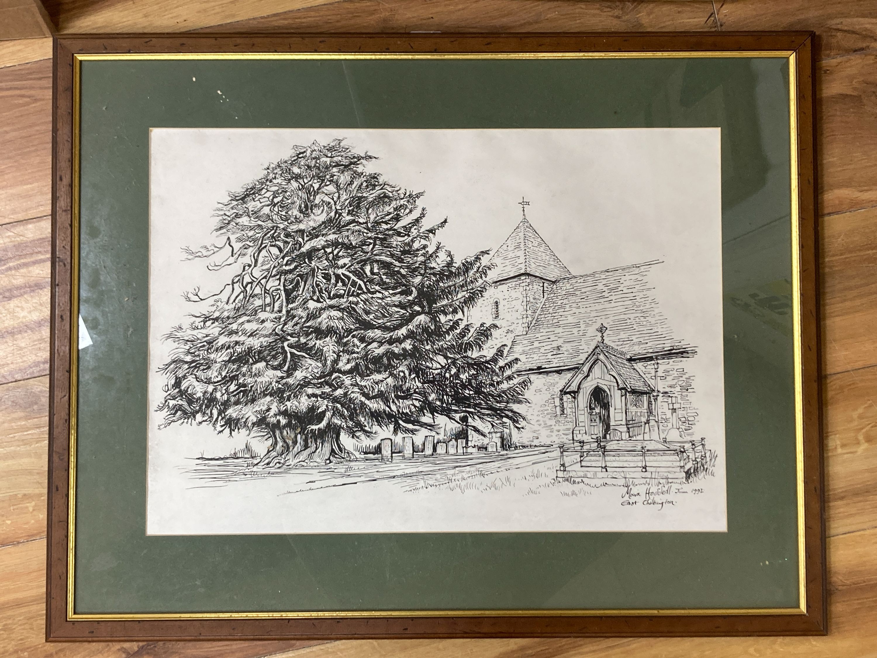 Moria Hoddell, pen and ink, East Chiltington church, signed, 41 x 58cm.